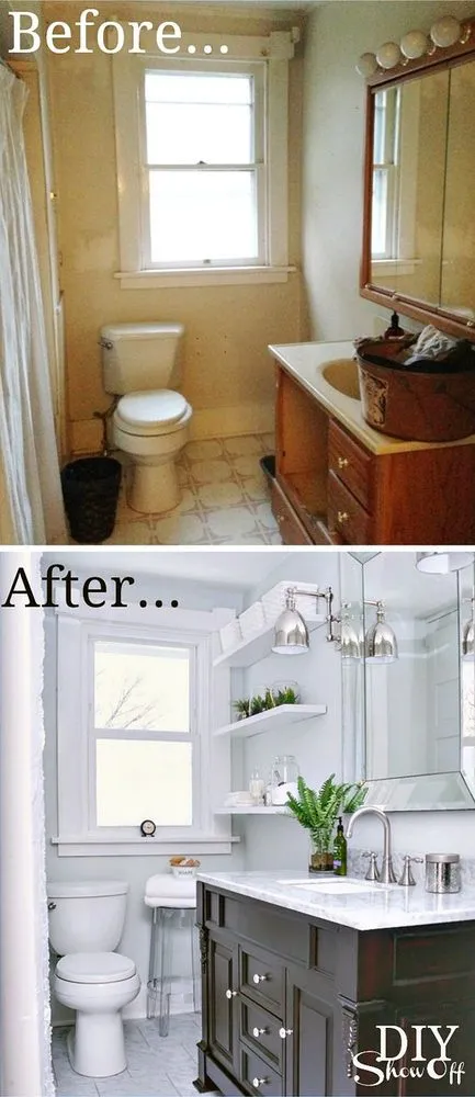 Before and after full bathroom remodel replacing dated fixtures with dark espresso vanity and marble countertop in Bay Area home