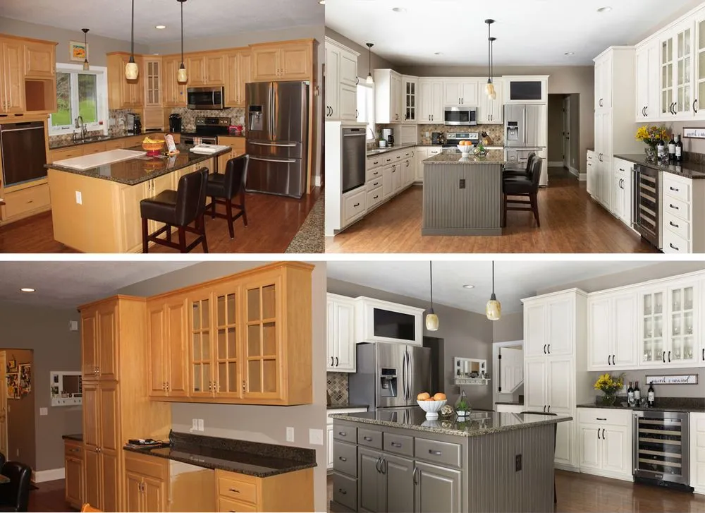 Before and after kitchen cabinet painting project showing honey oak cabinets refinished to white and cream with gray island in Bay Area home
