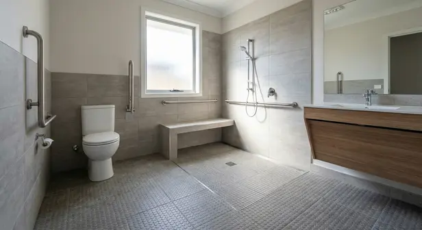 Accessible bathroom with grab bars, walk-in shower, and comfort-height toilet