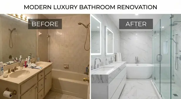 Newly remodeled bathroom with modern tile, new vanity, and glass shower enclosure