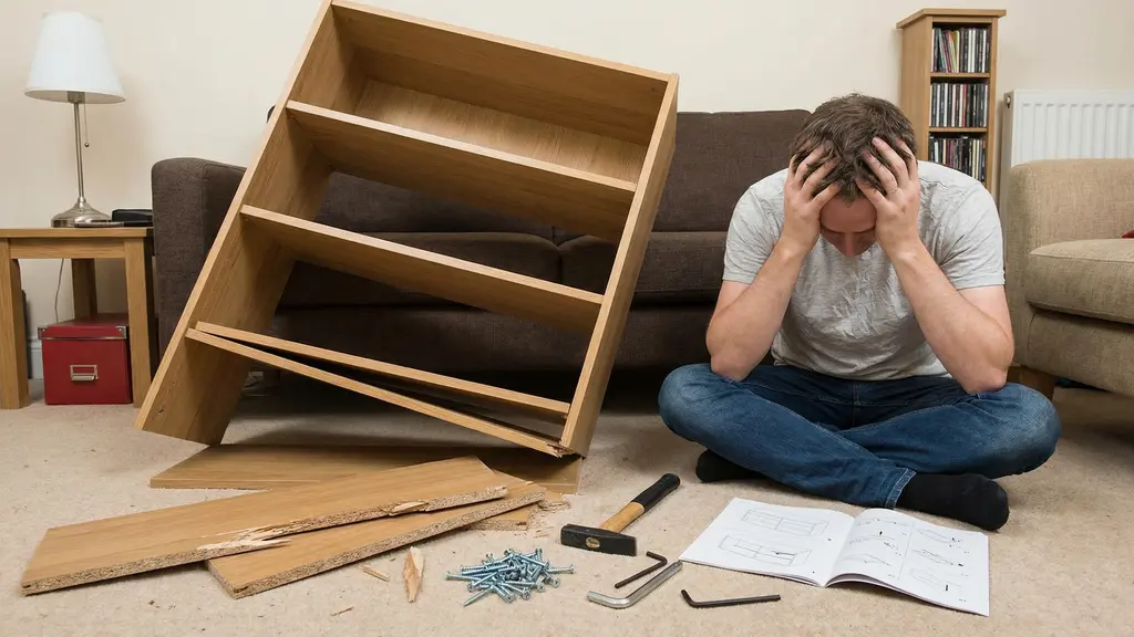 Frustrated homeowner looking at a crooked shelf installation that needs professional repair