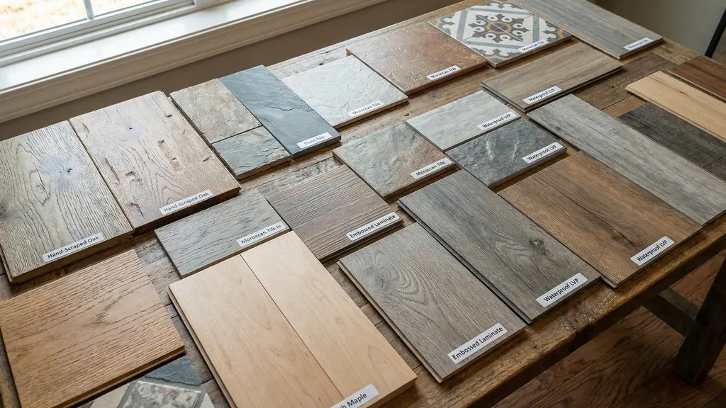 Side-by-side comparison of vinyl plank, laminate, hardwood, and tile flooring samples