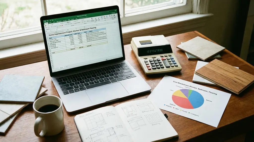 Notebook with home improvement budget spreadsheet, calculator, and paint samples on a desk