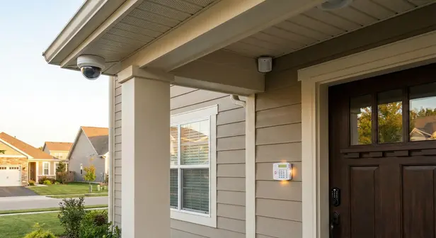 Home security camera and smart lock installed on the front door of a suburban home