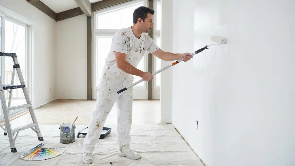 Professional painter using a roller to apply fresh paint to a living room wall