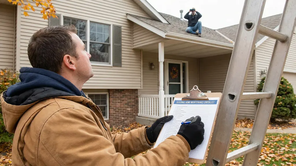 Homeowner inspecting rain gutters during spring maintenance on a suburban home