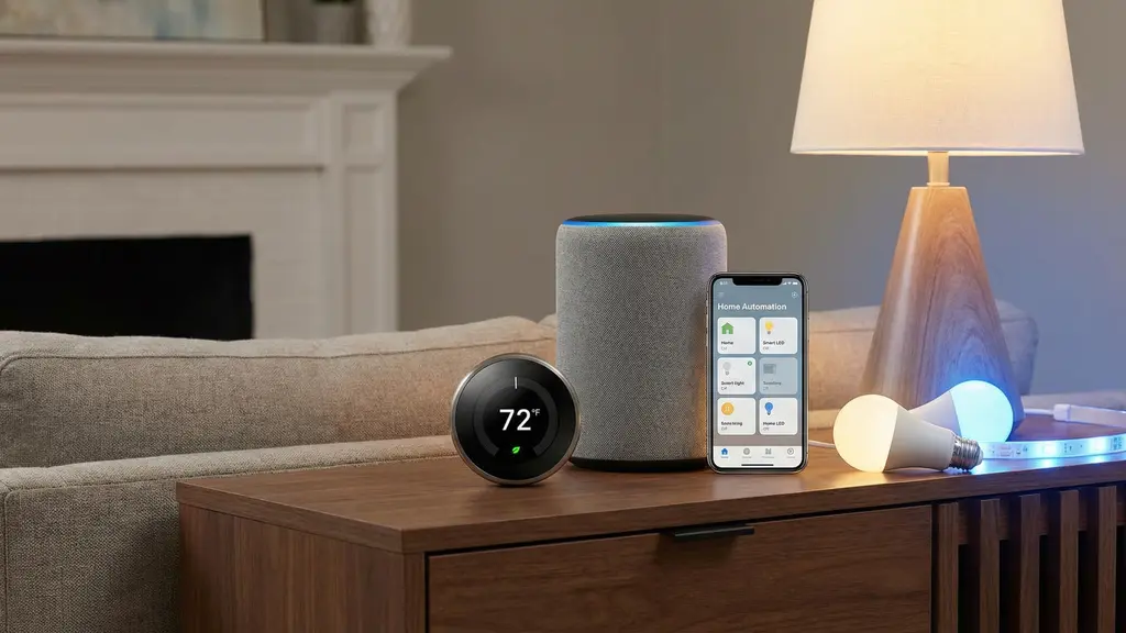 Smart home devices including a thermostat, security camera, and smart speaker on a living room shelf