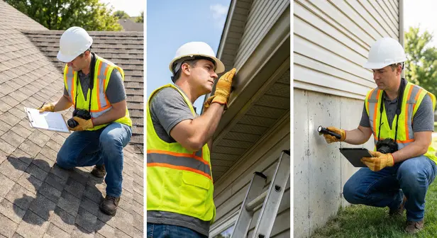 Homeowner checking the roof and exterior of a house during a spring inspection