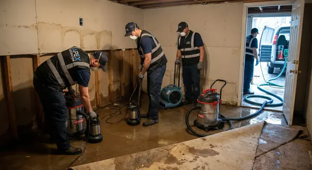 Water damage restoration crew using fans and dehumidifiers in a flooded living room